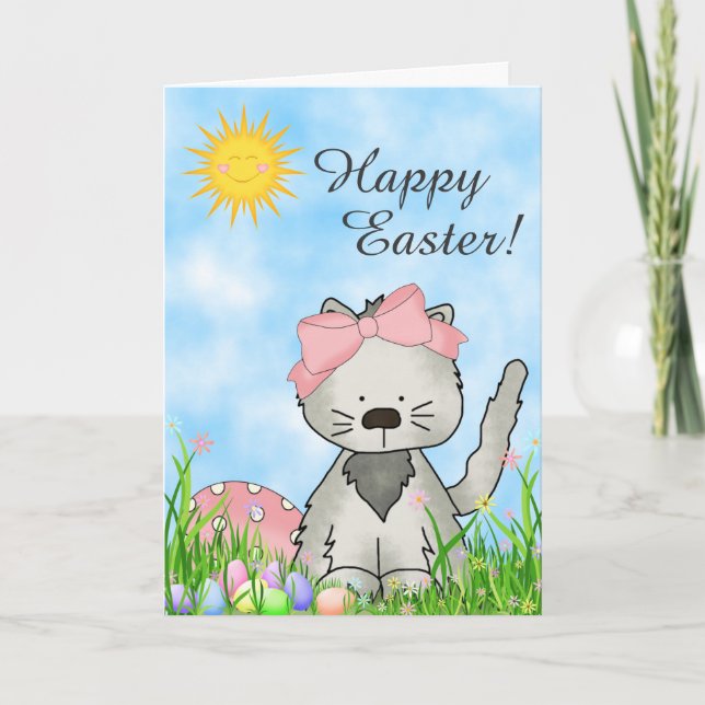 Cute Grey Kitten, Basket and Eggs Happy Easter Cat Holiday Card (Front)