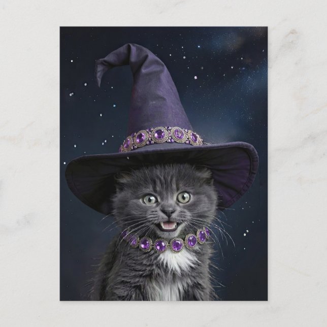 Cute Grey Kitten Cat with Witch Hat Halloween Holiday Postcard (Front)