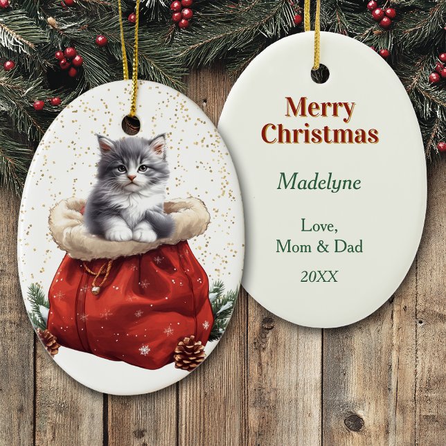 Cute Grey Kitten Christmas Gift Bag Ceramic Tree Decoration (Creator Uploaded)