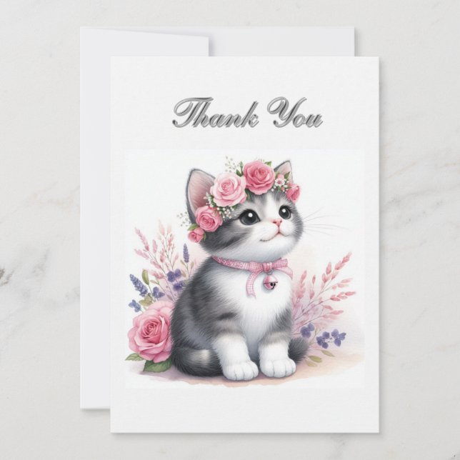 Cute Grey Kitten Girls Birthday Thank You  Card (Front)