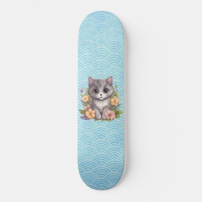 Cute Grey Kitten Kawaii  Skateboard (Front)