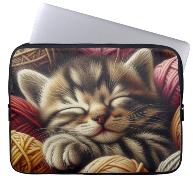 Cute Grey Kitten Napping in Balls of Yarn Laptop Sleeve (Front)