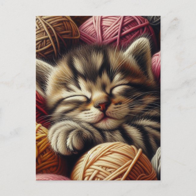 Cute Grey Kitten Napping in Balls of Yarn Postcard (Front)