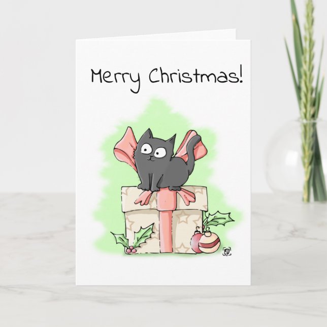 Cute Grey Kitten on a Gift Christmas Card (Front)