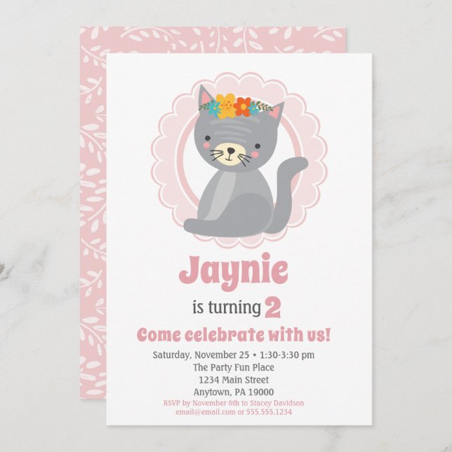 Cute Grey Kitten Pink Girls Birthday Invitation (Front/Back)