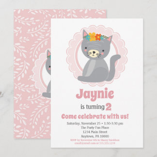 Cute Grey Kitten Pink Girls Birthday Invitation