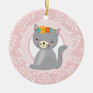 Cute Grey Kitten Pink White Cat Ceramic Tree Decoration