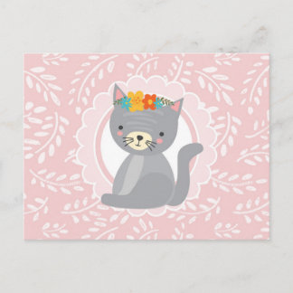 Cute Grey Kitten Pink White Cat Postcard