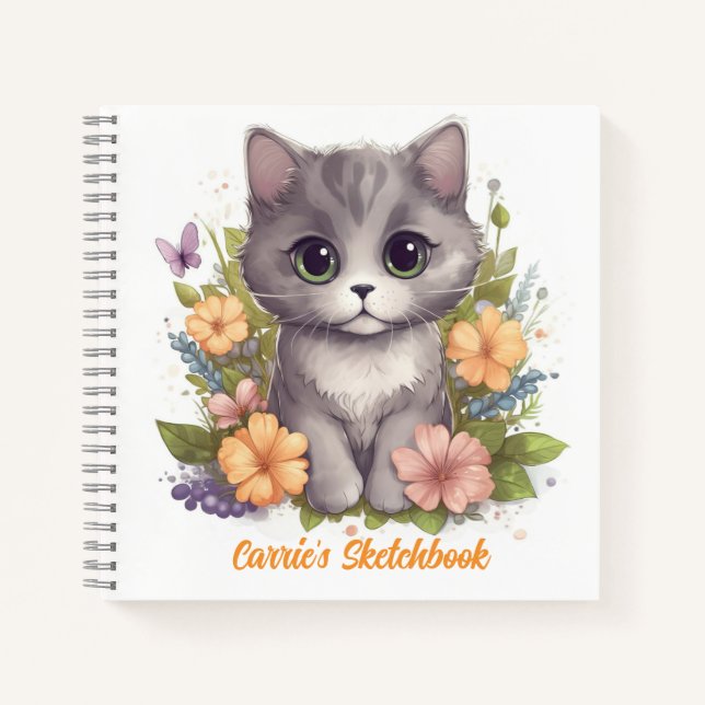Cute Grey Kitten with Spring Flowers Notebook (Front)