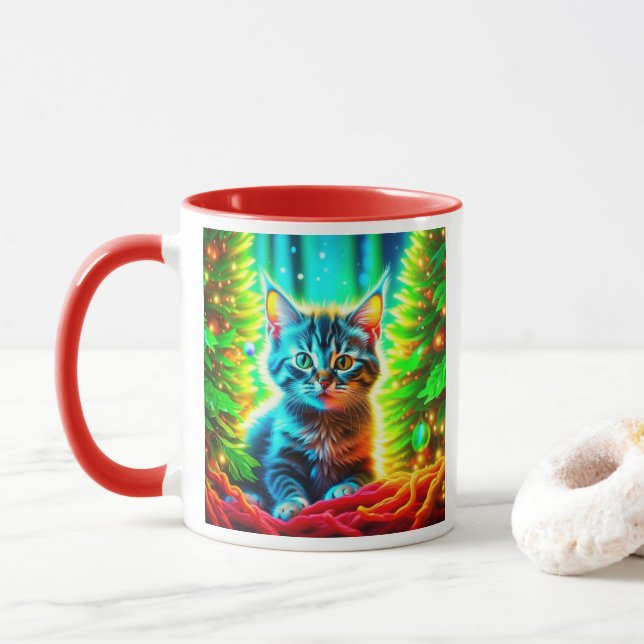 Cute Grey Kittens with Christmas Trees Mug (With Donut)