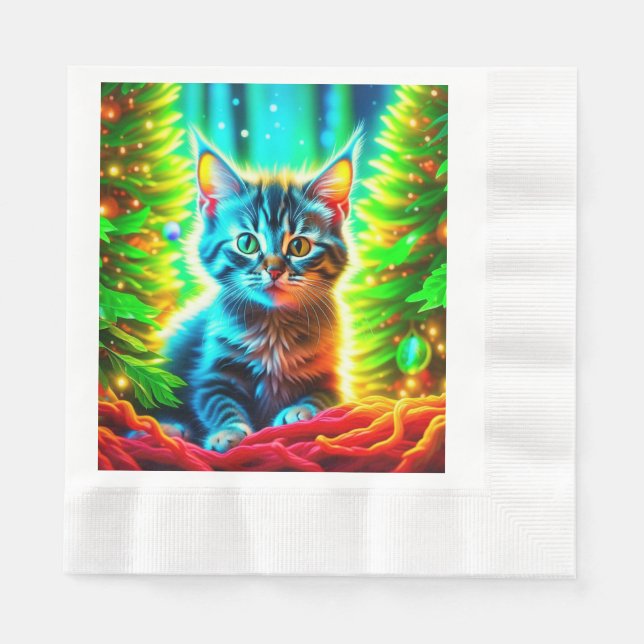 Cute Grey Kittens with Christmas Trees Napkin (Front)