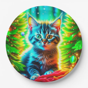 Cute Grey Kittens with Christmas Trees Paper Plate