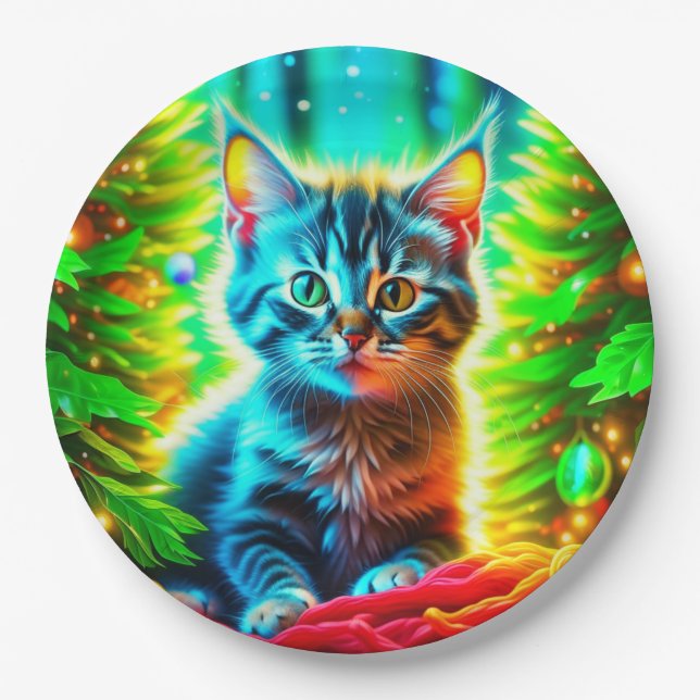 Cute Grey Kittens with Christmas Trees Paper Plate (Front)