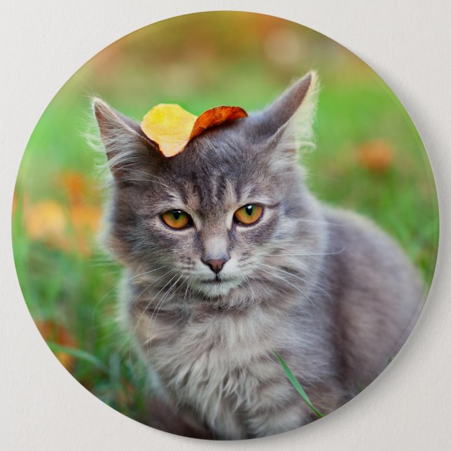 Cute Grey Kitty with Leaf on Head 6 Cm Round Badge (Front)