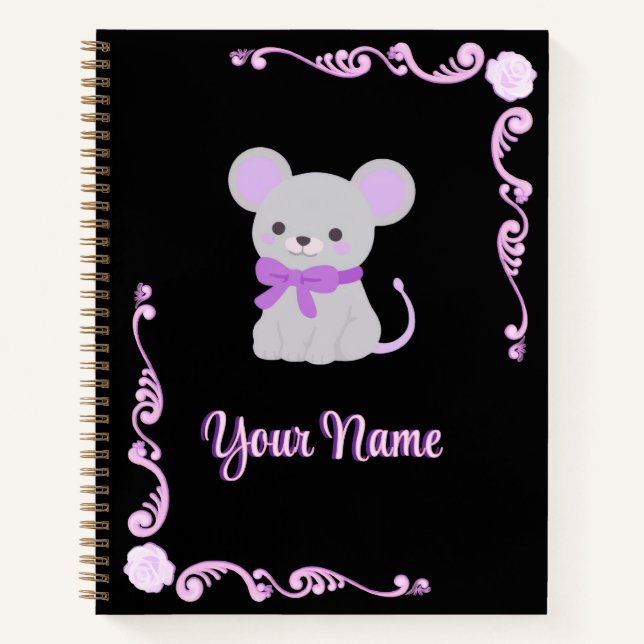 Cute Grey Mouse Purple Bow Dark Floral Frame Notebook (Front)