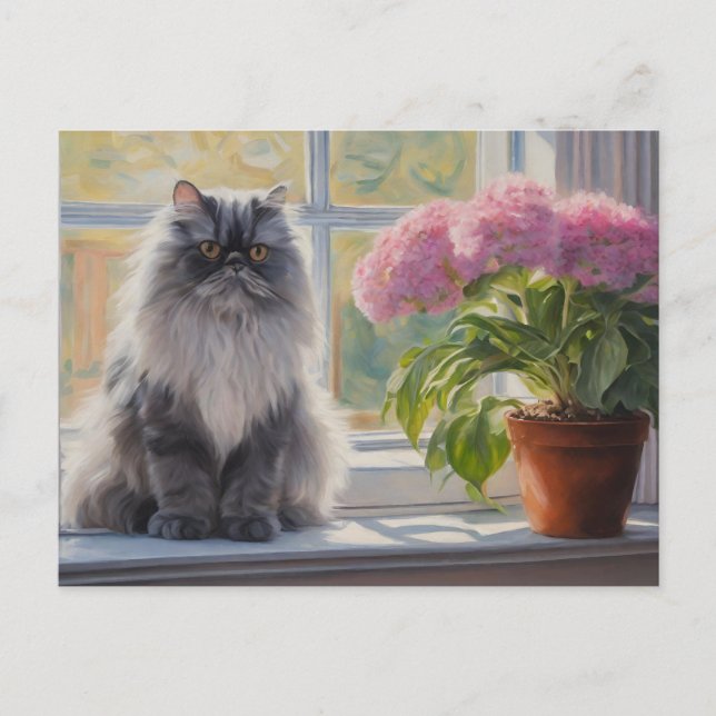 Cute Grey Persian Cat with Pink Flowering Plant  Holiday Postcard (Front)