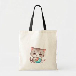 Cute Grey Pink Cat Play With Ball Tote Bag