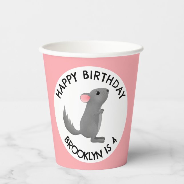 Cute grey pink chinchilla personalised birthday paper cups (Front)
