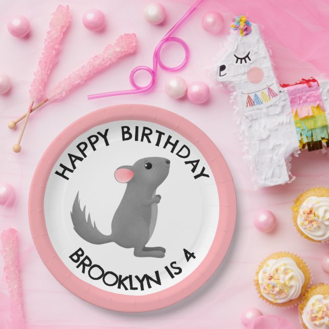 Cute grey pink chinchilla personalised birthday paper plate (Party)