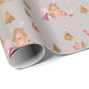 Cute Grey Pink Gingerbread Candy Cane Wrapping Pap Paper