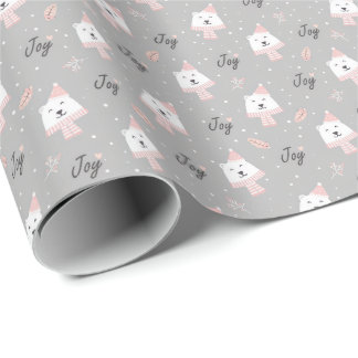 Cute Grey Pink Joy Polar Bears Wrapping Paper
