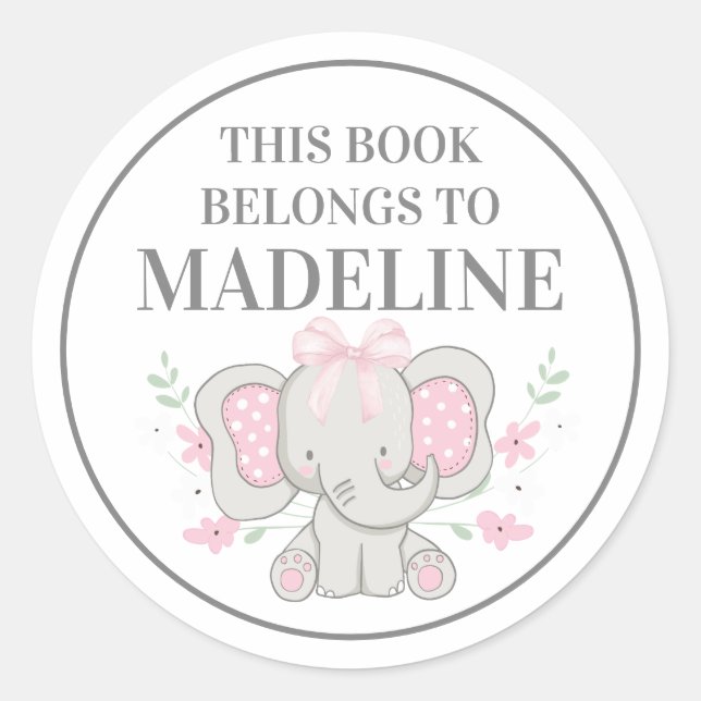 Cute Grey Pink Polka Dot Elephant Bookplate Classic Round Sticker (Front)