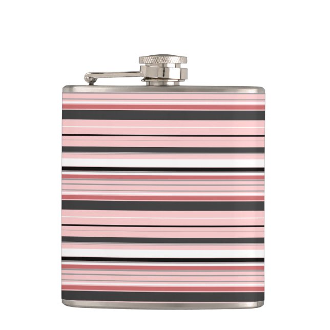 Cute grey pink stripes hip flask (Front)