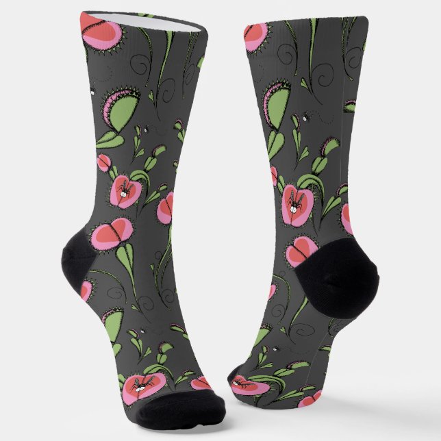 Cute Grey & Pink Venus Flytrap Stuck on Your Love Socks (Angled)