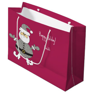 Cute Grey Plaid Santa Holiday Illustration Large Gift Bag