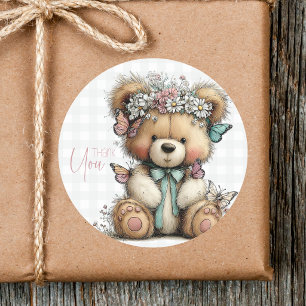 Cute Grey Plaid Teddy Floral Daisy Thank You Classic Round Sticker