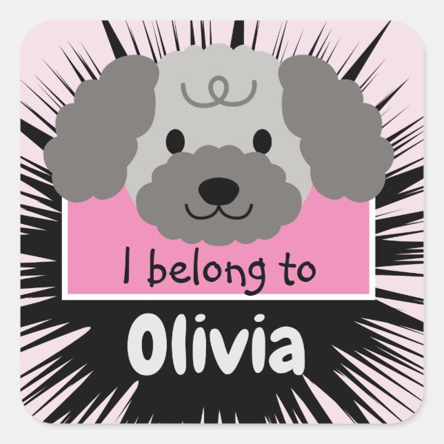Cute Grey Poodle Buddy with Pink Personalised Square Sticker (Front)