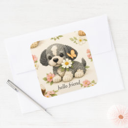 Cute Grey Puppy Floral Butterfly Sticker