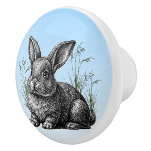 Cute Grey Rabbit against a Blue Sky Ceramic Knob