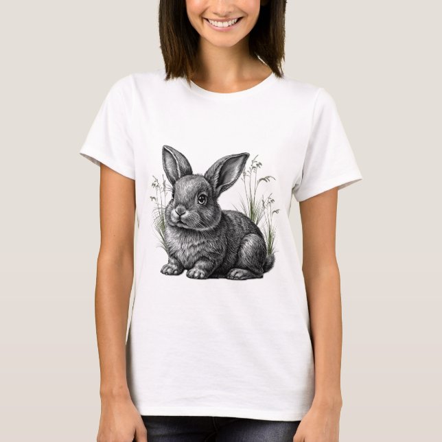 Cute Grey Rabbit in Grass T-Shirt (Front)