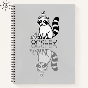 Cute Grey Racoon Reflection Doodle Custom Name Notebook