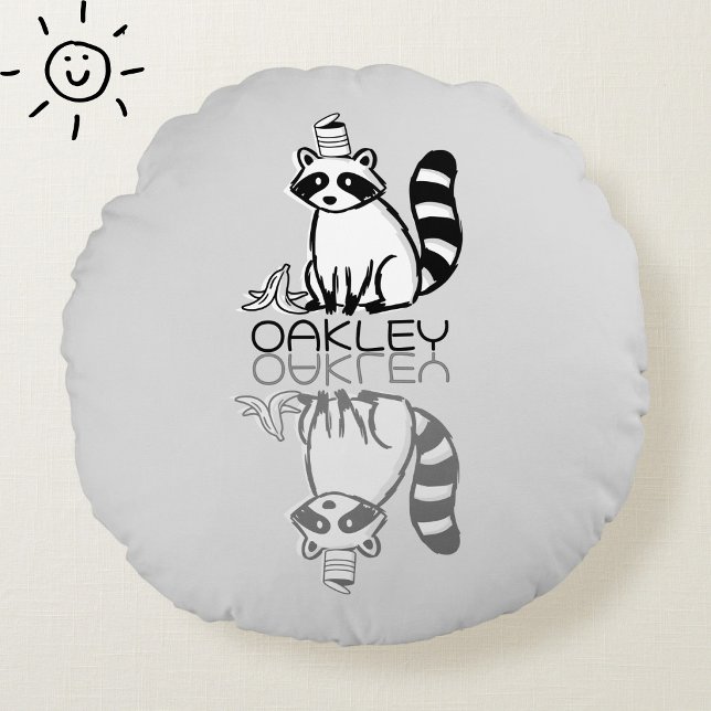 Cute Grey Racoon Reflection Doodle Custom Name Round Cushion (Creator Uploaded)