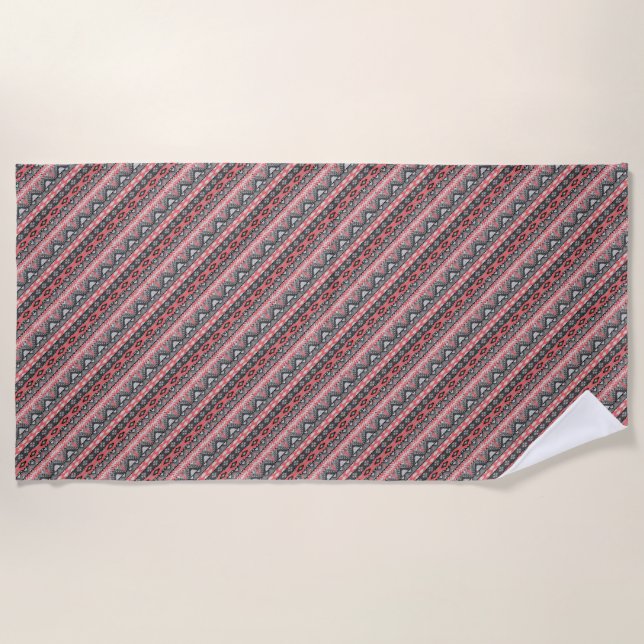 Cute grey red aztec pattern design beach towel (Front)
