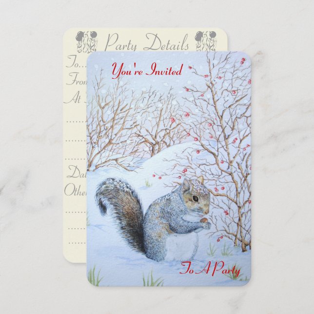 cute grey squirrel snow scene original wildlife invitation (Front/Back)