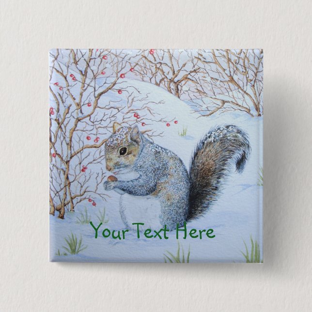 cute grey squirrel snow scene wildlife art 15 cm square badge (Front)