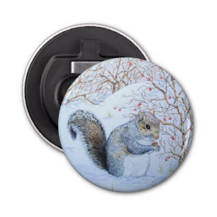 cute grey squirrel snow scene wildlife art bottle opener