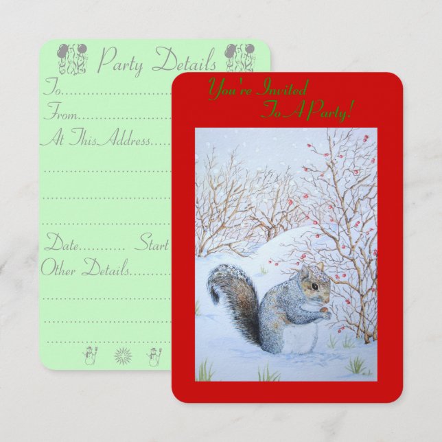 cute grey squirrel snow scene wildlife art invitation (Front/Back)