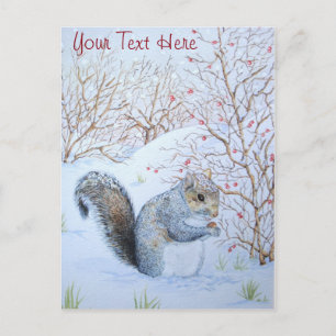 cute grey squirrel snow scene wildlife art postcard