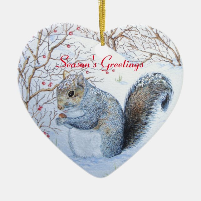 Cute grey squirrel snow scene wildlife christmas ceramic tree decoration (Front)