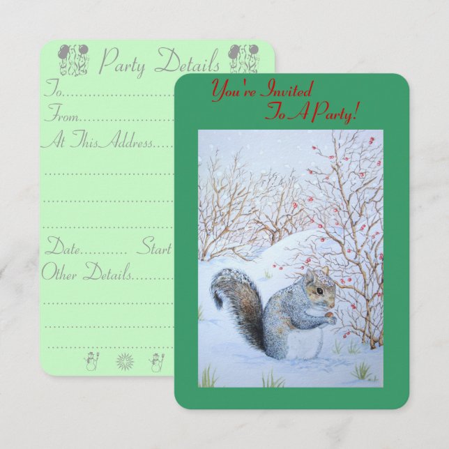 cute grey squirrel snow scene wildlife christmas invitation (Front/Back)