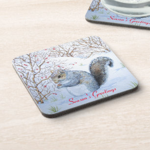 cute grey squirrel snow scene wildlife  coaster