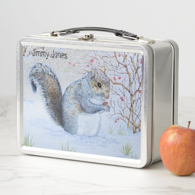 cute grey squirrel snow scene wildlife  metal lunch box (In Situ)
