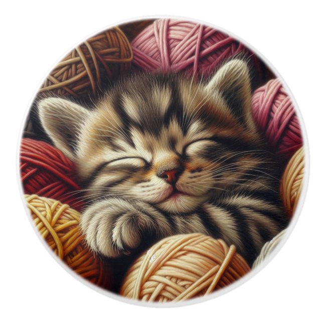 Cute Grey Striped Kitten Napping in Yarn Ceramic Knob (Front)