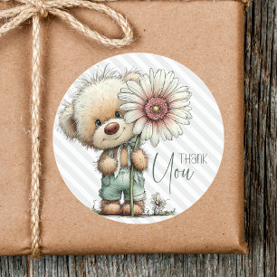 Cute Grey Stripes Teddy Big Daisy Baby Shower Classic Round Sticker