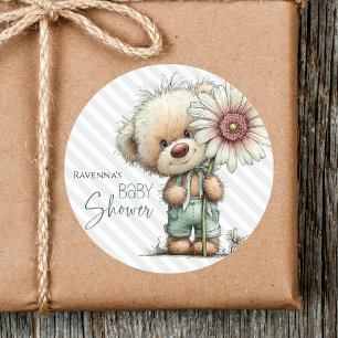Cute Grey Stripes Teddy Big Daisy Baby Shower Classic Round Sticker