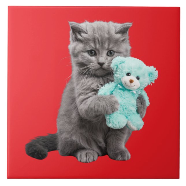 Cute Grey Tabby and Teddy Bear Tile (Front)